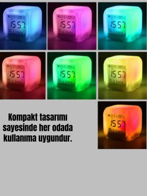 Kronometre ve Takvim Destekli Renk Değiştiren LED Dijital Küp Saat