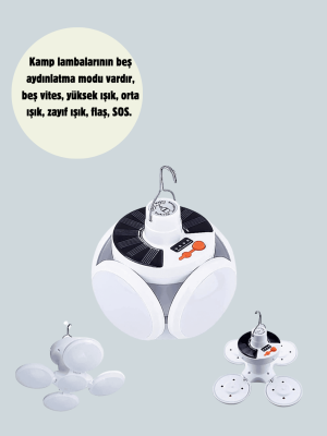 Güneş Paneliyle Şarj Olan Katlanabilir LED Çadır Lambası – 5 Kademeli Aydınlatma