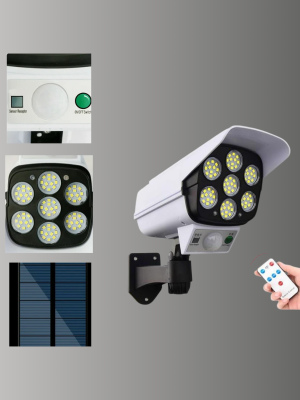 77 LED'li Güneş Enerjili Güvenlik Lambası ve Kukla Kamera – Hareket Sensörlü, 2400mAh Pilli