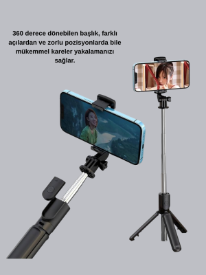 Kablosuz Bluetooth Selfie Çubuğu – 360° Dönebilir Başlık, Taşınabilir ve Şık Tasarım