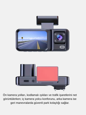 Üç Kameralı Dash Cam 170° Geniş Açılı Full HD Gece Görüşlü