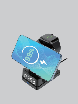 4’ü 1 Arada Kablosuz Şarj İstasyonu – LED Saat Ekranlı, Apple Uyumlu, Akıllı Güvenlik Koruması