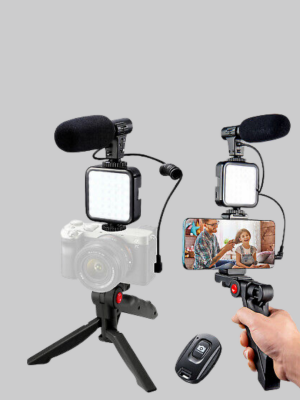 Telefon Video Çekim Kiti LED Aydınlatma Mikrofon Tripodlu Tam Set