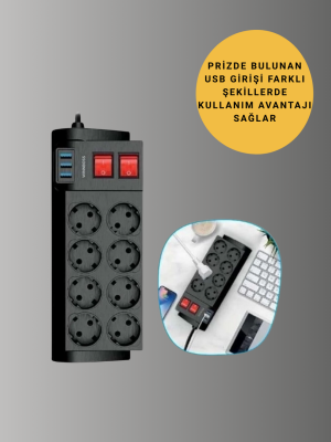 Akım Korumalı 8’li Priz 3 USB’li Uzatma Kablosu Isıya Dayanıklı 2 Metre
