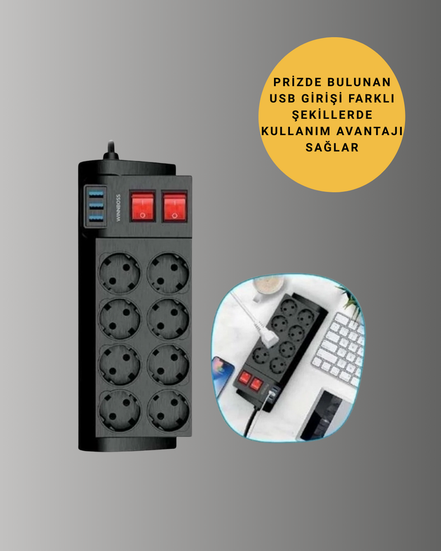 1243769_7-6.png Isıya Dayanıklı Termal Akım Korumalı 8'li Priz ve 3 USB Girişli Uzatma Kablosu - Görsel 1