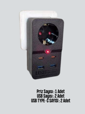 Tip Akım Koruma Prizi 10A 2500W USB Type C Destekli