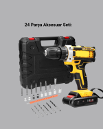 24 Parça Çift Bataryalı Akülü Darbeli Matkap – Güçlü Motor, Metal Dişli, LED Işıklı - Görsel 3