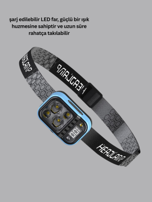 Üç Renkli LED Kafa Feneri 53 Mod Güç Göstergeli Type C Şarjlı