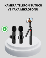 Kablosuz Çift Yaka Mikrofonu ve Tripodlu Selfie Çubuğu İçerik Üretici Seti - Görsel 5