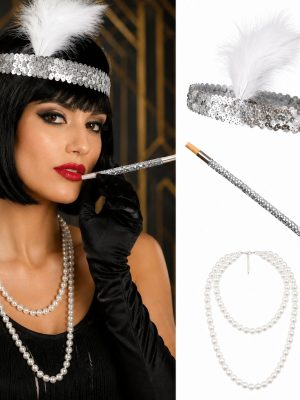 1920'ler Gatsby Gümüş Parti Seti - Çarliston Saç Bandı, İnci Kolye ve Sigara Tutacağı