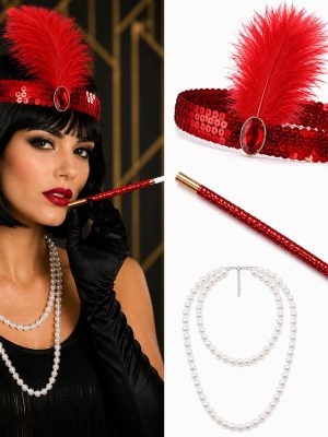1920'ler Gatsby Kırmızı Parti Seti - Çarliston Saç Bandı, İnci Kolye ve Sigara Tutacağı
