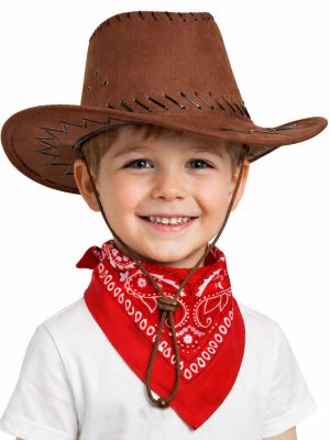 Çocuk Kovboy Şapka Kahverengi & Kırmızı Bandana Seti