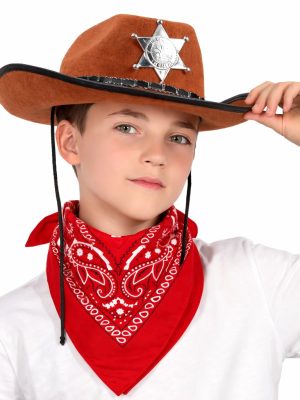 Çocuk Kovboy Şapka Rozetli Kahverengi & Kırmızı Bandana Seti