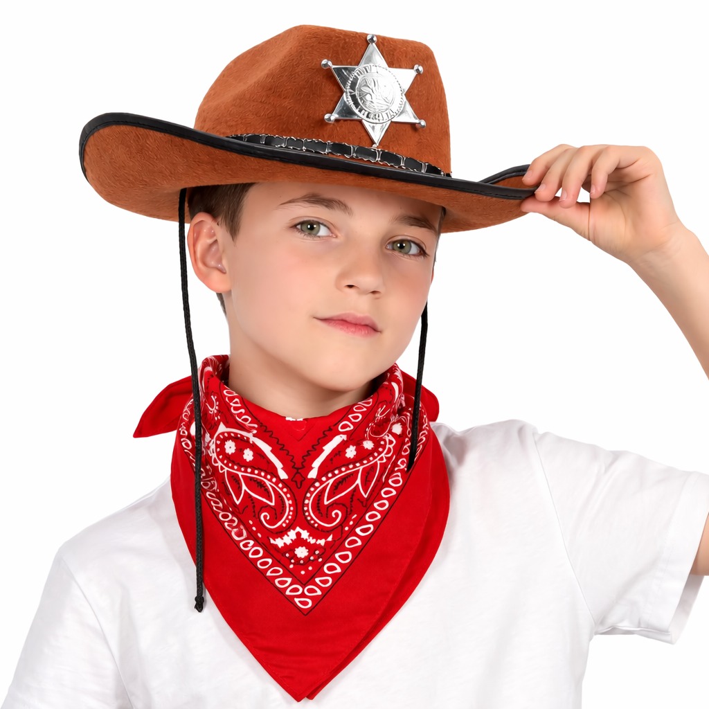 2142819_cocuk-kovboy-sapka-rozetli-kahverengi-kirmizi-bandana-seti-resim-5366.jpg Çocuk Kovboy Şapka Rozetli Kahverengi & Kırmızı Bandana Seti - Görsel 1