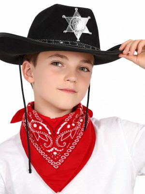 Çocuk Kovboy Şapka Rozetli Siyah & Kırmızı Bandana Seti