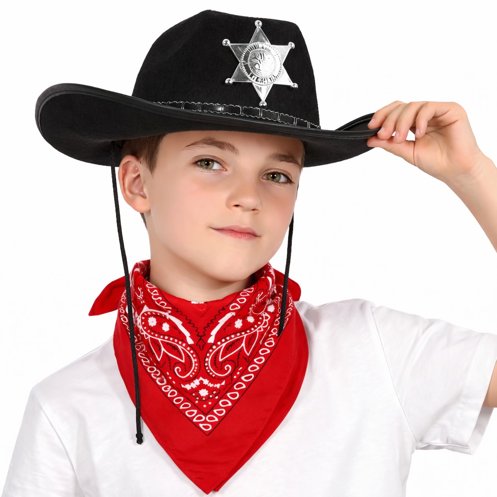 2142820_cocuk-kovboy-sapka-rozetli-siyah-kirmizi-bandana-seti-resim-5367.jpg Çocuk Kovboy Şapka Rozetli Siyah & Kırmızı Bandana Seti - Görsel 1