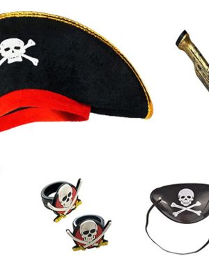 Korsan Şapkası + Tabanca + Maske + 2 Adet Yüzük Kostüm Seti Çocuk