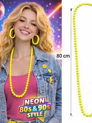 Neon Sarı Boncuk Kolye 80 cm – Retro 80’ler 90’lar Parti Aksesuarı
