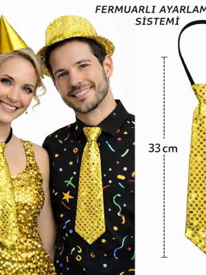Altın Renk Pul Payetli Işıltılı Parti Kravatı 33 cm