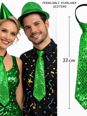 Yeşil Renk Pul Payetli Işıltılı Parti Kravatı 33 cm