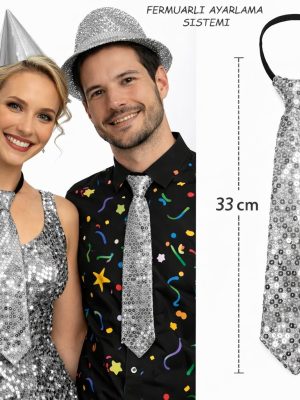 Gümüş Renk Pul Payetli Işıltılı Parti Kravatı 33 cm