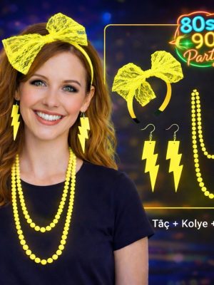 80’ler 90’lar Neon Sarı Parti Seti – Kolye Küpe Taç
