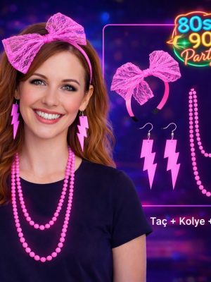 80’ler 90’lar Neon Pembe Parti Seti – Kolye Küpe Taç