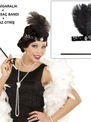 Retro Charliston Beyaz Otrişli Aksesuar Seti – 20'ler 90'lar Gatsby Kostüm Seti