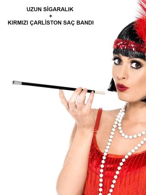 1920'ler 1990'lar Gatsby Kadın Aksesuar Seti – Kırmızı Charleston Saç Bandı ve Sigaralık