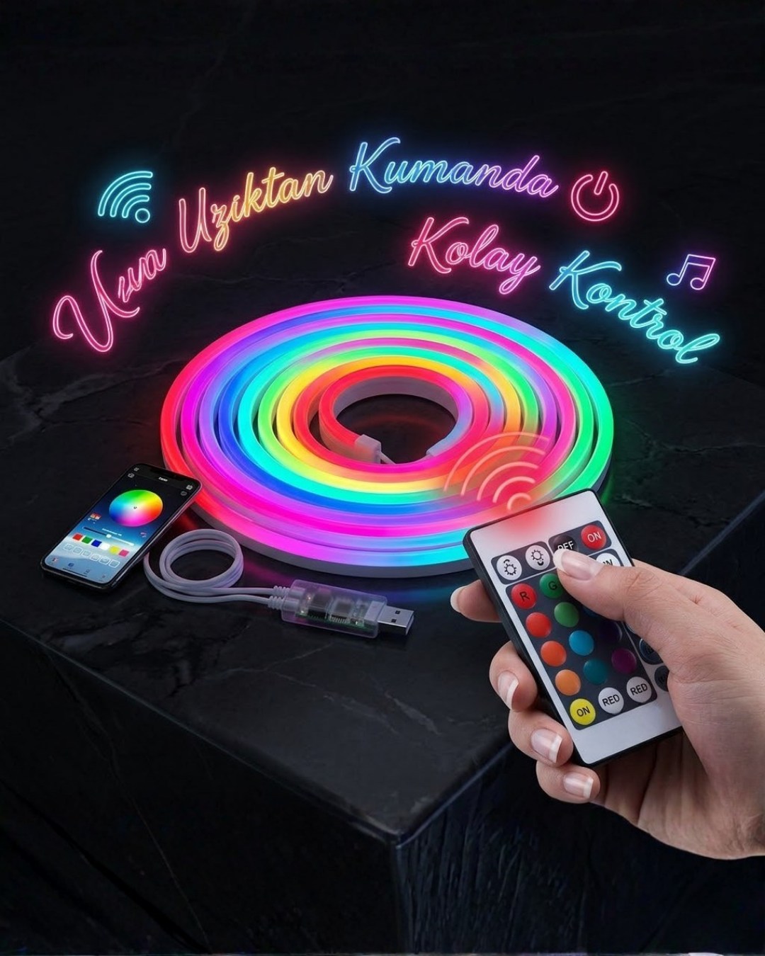 2176733_5-45.png 3 Metre RGB Akıllı Neon LED Şerit Işık Telefon ve Kumanda Kontrollü Ambiyans Aydınlatma - Görsel 1