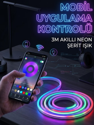 3 Metre RGB Neon LED Şerit Işık Su Geçirmez Kumandalı ve Uygulama Kontrollü Dekoratif Aydınlatma