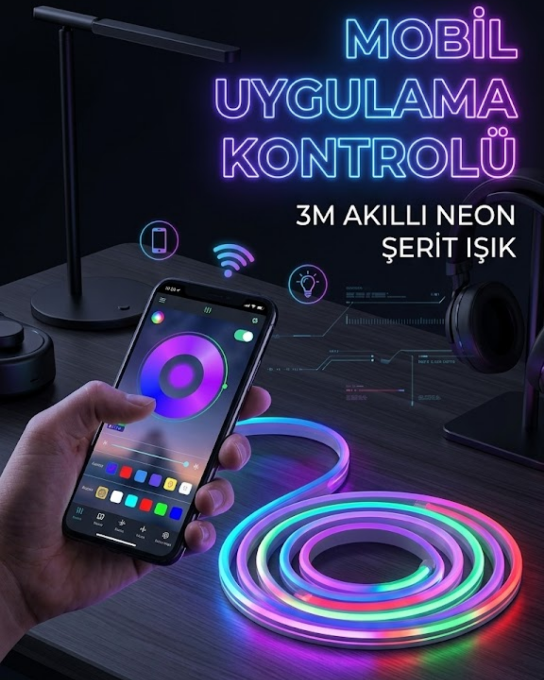 2176748_2-45.png 3 Metre RGB Neon LED Şerit Işık Su Geçirmez Kumandalı ve Uygulama Kontrollü Dekoratif Aydınlatma - Görsel 1