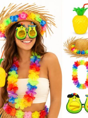4 Parça Hawaii Parti Seti Ananas Bardak Hasır Şapka Avokado Gözlük Çiçek Kolye