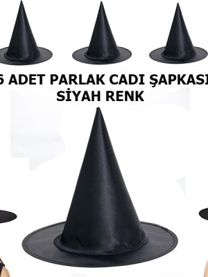 Siyah Renk Parlak Dralon Cadı Şapkası Yetişkin ve Çocuk Uyumlu 6 Adet