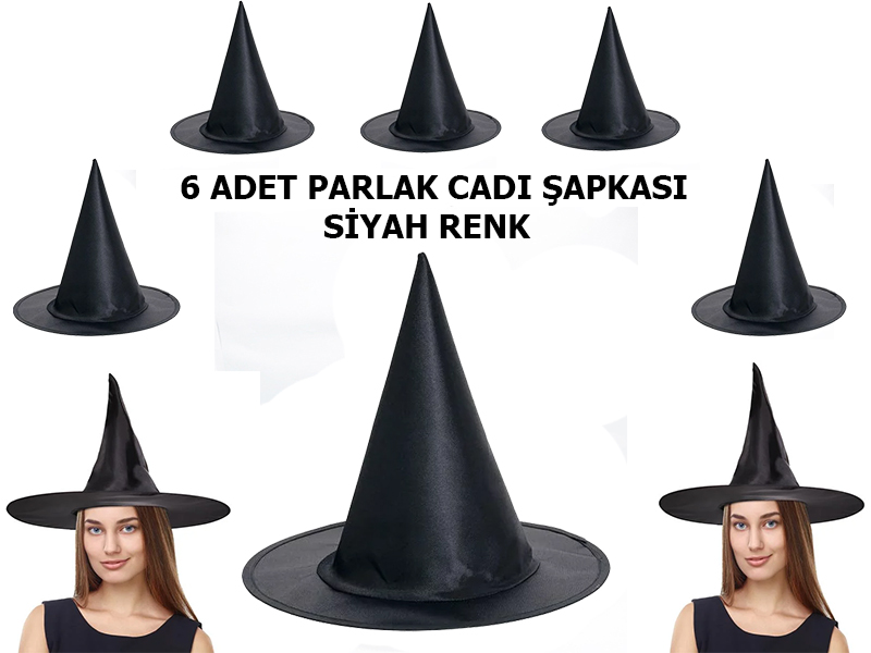 Halloween-Siyah-Renk-Parlak-Dral-resim-4343.jpg Siyah Renk Parlak Dralon Cadı Şapkası Yetişkin ve Çocuk Uyumlu 6 Adet - Görsel 1