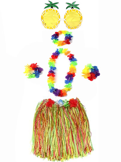 Yetiskin-ve-Cocuk-Uyumlu-Luau-Al-resim-4307.jpg Yetişkin ve Çocuk Uyumlu Luau Aloha Hawaii Rengarenk 40 cm Etek Ananas Şekilli Gözlük Hawaii Kolye Renkli Taç ve 2 Adet Bileklik Seti - Görsel 1