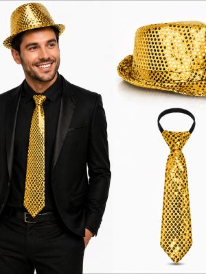 Altın Gold Payetli Şapka ve Kravat Seti – Işıltılı Parti Kombini