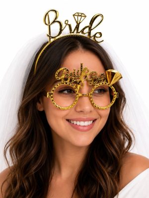Bride Yazılı Gold Taç ve Parti Gözlüğü Seti