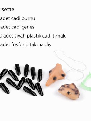 Cadı Aksesuar Seti – Burun, Çene, Fosforlu Diş ve 10 Adet Siyah Tırnak