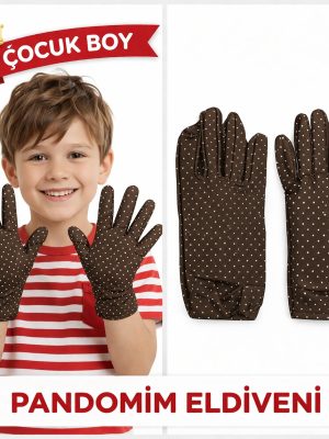 Çocuk Boy Pandomim Eldiveni Beyaz Puantiyeli Kahve Renk Gösteri Eldiveni 23 Nisan 19 Mayıs