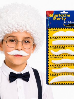 Einstein Beyaz Peruk ve 6'lı Bıyık Seti – Bilim Adamı Kostüm Aksesuarı