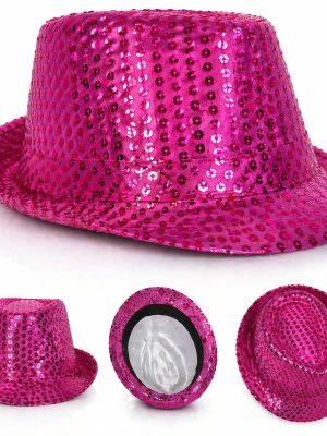 Fuşya Pembe Payetli Disco Parti Şapkası Yetişkin Işıltılı Fötr Model