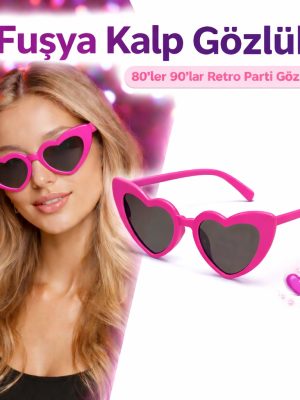 Fuşya Pembe Retro Kalp Gözlük – 80’ler 90’lar Stil Parti Gözlüğü