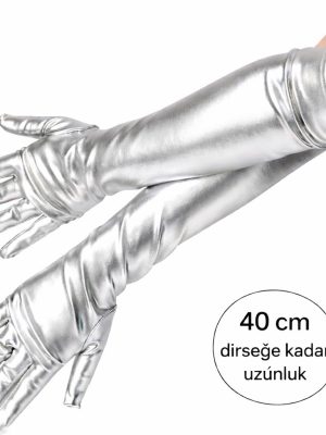 Gümüş Renk Dirsek Altı Lüks Saten Eldiven 40 cm