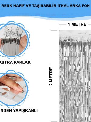 Gümüş Renk Ekstra Metalize Parlak Saçaklı Arka Fon Perde İthal A Kalite 1x2 Metre