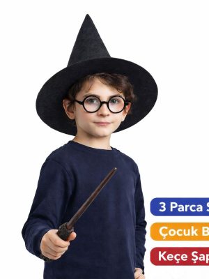 Harry Potter Tarzı Çocuk Seti (Siyah Keçe Şapka, Asa, Gözlük)