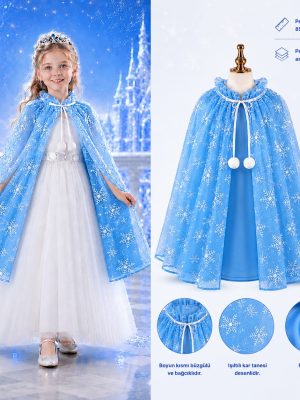 Kar Tanesi Desenli Mavi Elsa Pelerini - Astarlı Frozen Pelerini 85 cm