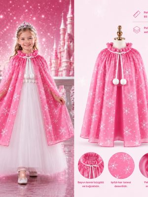 Kar Tanesi Desenli Pembe Elsa Pelerini - Astarlı Frozen Pelerini 85 cm