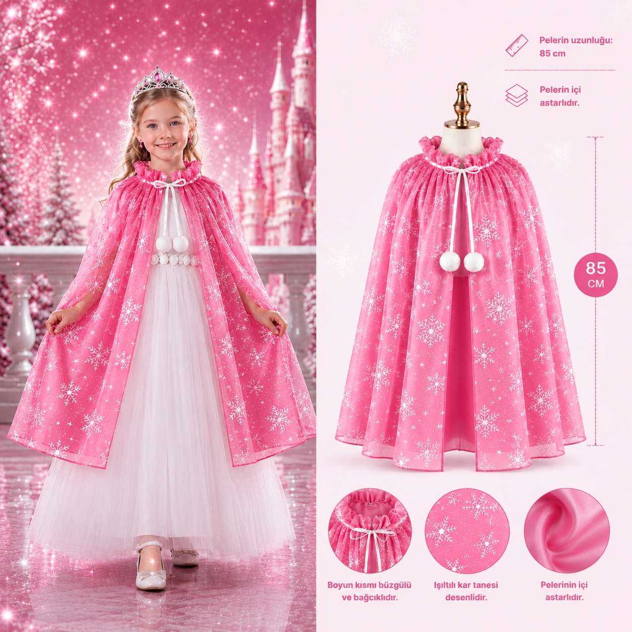 kar-tanesi-desenli-pembe-elsa-pelerini-astarli-frozen-pelerini-resim-5513.jpg Kar Tanesi Desenli Pembe Elsa Pelerini - Astarlı Frozen Pelerini 85 cm - Görsel 1