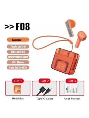 Karler Bass F08 Dijital Şarj Göstergeli TWS Bluetooth Kulaklık - Kırmızı